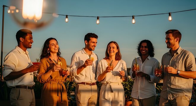 Group of diverse professionals networking at outdoor evening event with string lights