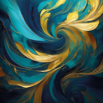 Wild and thick brushstrokes create a vibrant abstract work in blue, and gold