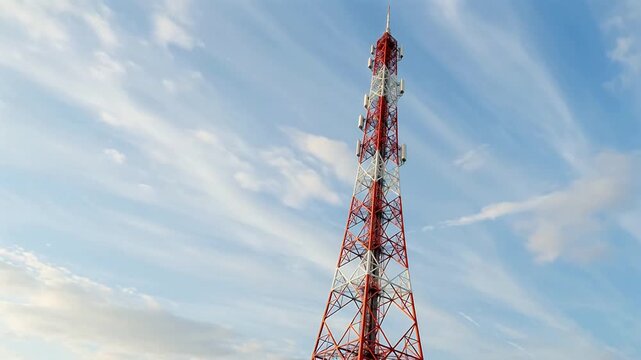 Red and white communication tower against blue sky