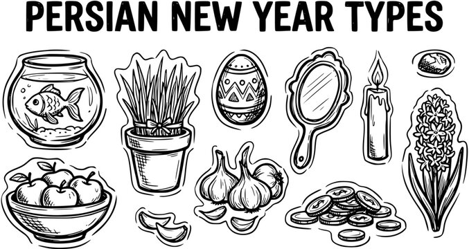 Persian New Year Haft-Seen Symbols Black and White Line Art Vector