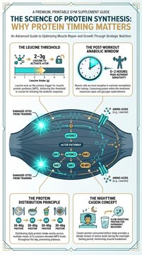 Protein synthesis science guide with mTOR pathway schematic, leucine threshold diagram and protein timing annotation panels
