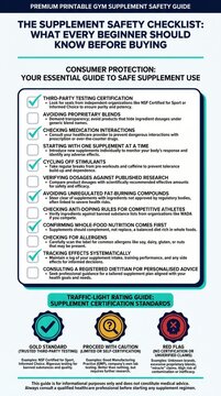Supplement safety checklist for beginners with twelve-item checklist, certification badge guide and traffic-light rating system