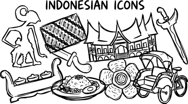 Indonesian Icons: Batik, Kris, Wayang, Traditional House, Food, Flower, Pedicab - Black and White Line Art
