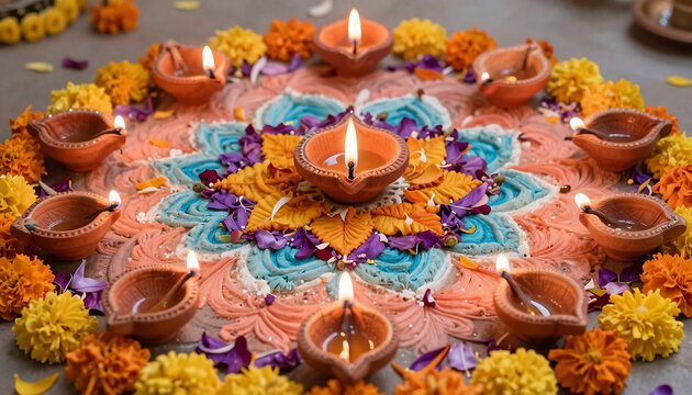 Diwali celebration a vibrant rangoli with lit diyas and marigold flowers