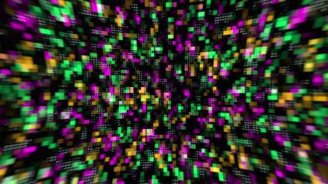 Vibrant abstract digital pixel grid animation featuring colorful flickering squares in green purple and yellow for technology data visualization and modern background design
