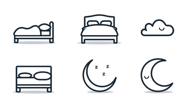 Line Icons of Bedroom Essentials Including Bed, Moon, Cloud Elements for Sleep and Comfort Visuals