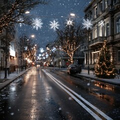 Obraz premium Snowfall on a Quiet City Street with Festive Lights and Tree Decorations