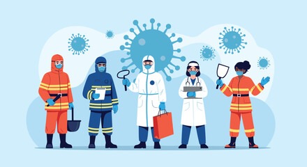 Fototapeta premium Frontline workers in protective suits and uniforms standing together against a background of stylized virus particles.