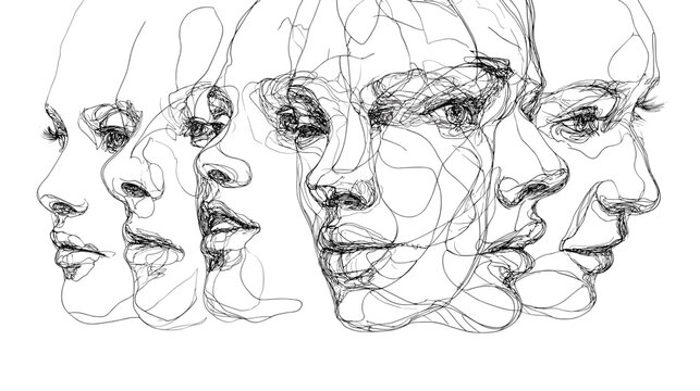 Multiple Profiles of Women in Abstract Line Art Design Showcasing Diverse Expressions and Emotions