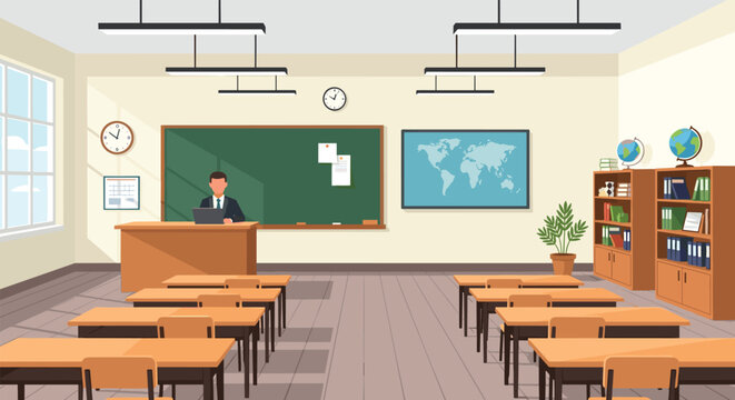 Empty modern classroom interior with a teacher desk, student tables, a chalkboard, and world map on the wall.