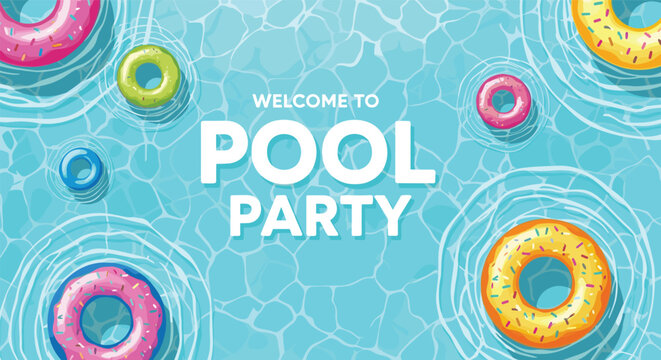 Bright and colorful pool party illustration featuring several inflatable donut rings floating on sparkling blue water.