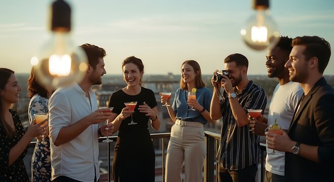 Group of friends toasting with wine glasses at rooftop party during sunset