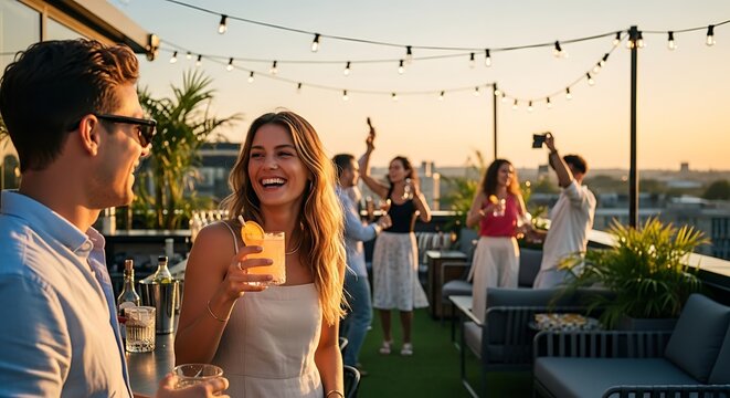 Couple chatting at a rooftop party with friends