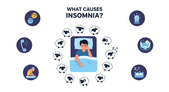 Educational infographic explaining the various causes of insomnia featuring a man lying awake in bed surrounded by sheep.