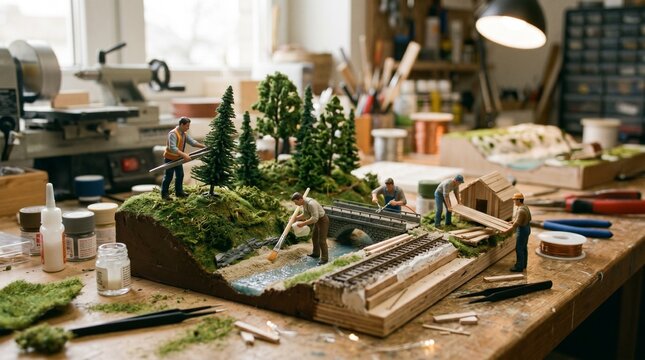 Miniature craft project showing tiny plastic figures working on a detailed natural landscape diorama with trees and a river inside a messy wooden workshop studio