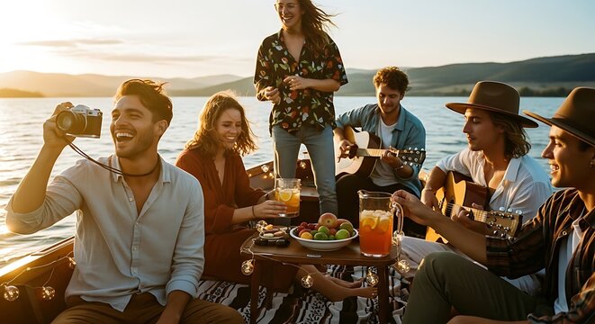 Friends having a picnic on a boat at sunset
