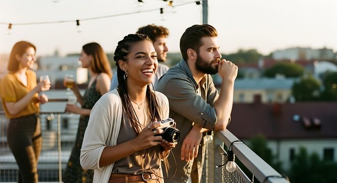 Friends socializing on rooftop with city view at sunset