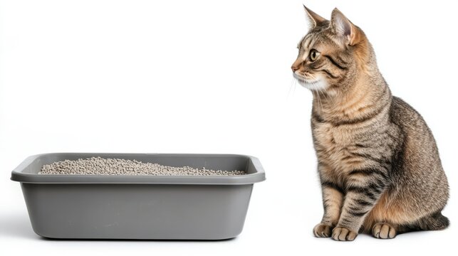 Cat sits beside litter box, observing its surroundings and contemplating choice