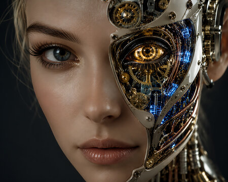 cyborg face with mechanical eye steampunk technology humanoid