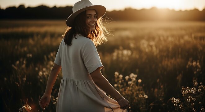 Woman walking through golden wildflower field at sunset with wide brim hat