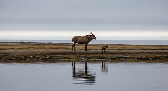 Moose and calf by serene lake.