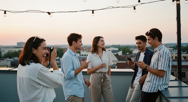 Friends socializing on rooftop at sunset