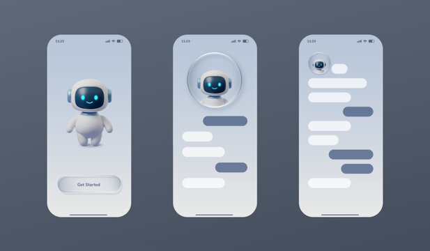 Set of Chatbot glass 3d with speech chat phone for ai robot button. Text ui effect with chatbot character mobile for avatar box bot. Messenger card chatbot with bubble speech comment for chat icon