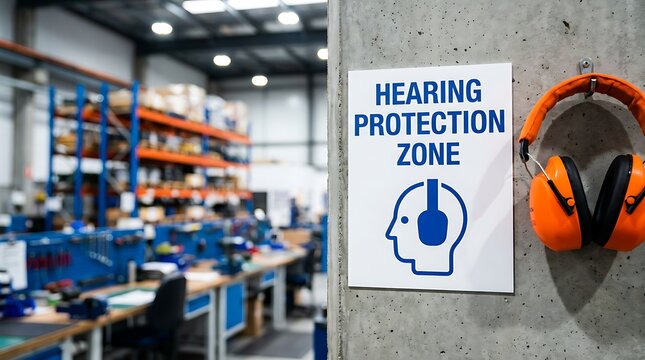 Hearing protection zone sign with orange ear muffs hanging on concrete wall in industrial factory setting with blurred background.