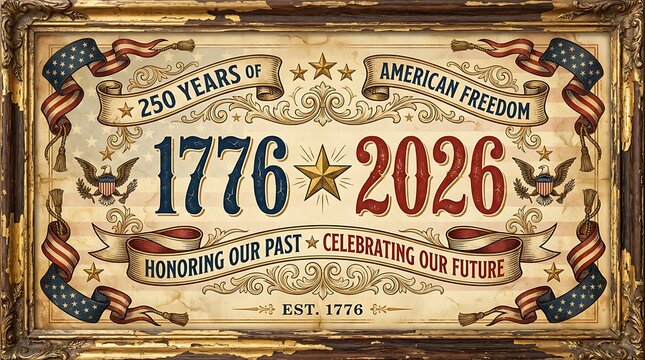 Vintage style sign celebrating 250 years of american freedom from 1776 to 2026 honoring past celebrating future.