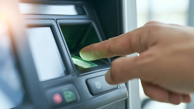 A person's hand inserting a card into a card reader machine with a blurred background