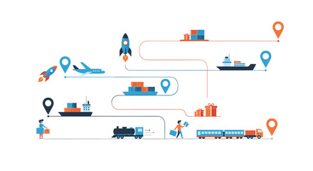 Fototapeta premium Logistics and supply chain infographic showing various transportation methods like ships planes trains and delivery trucks.