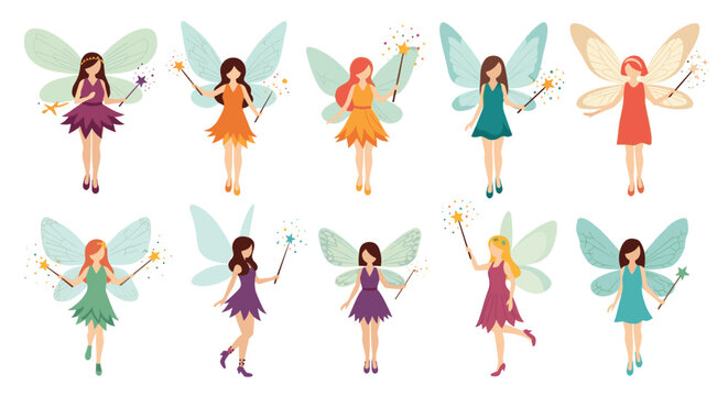 Set of colorful fairy characters with wings and magic wands depicted in various poses on a clean white background.