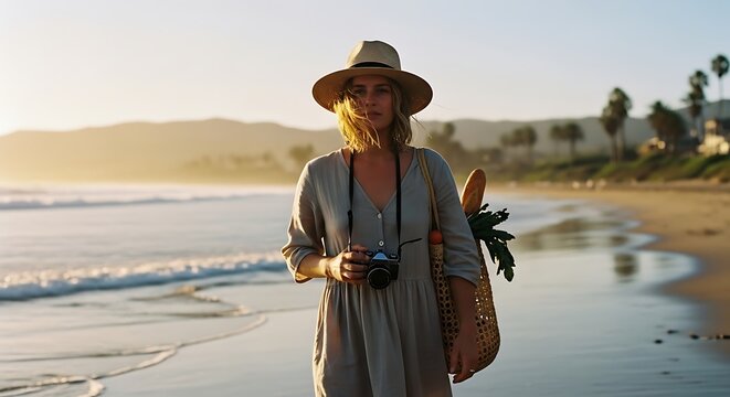 Woman walking with camera on serene beach at golden hour with misty mountains