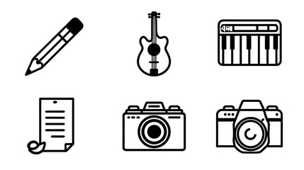 Set of Minimalistic Icons Illustrating Musical Instruments and Photography Equipment © AI PIC