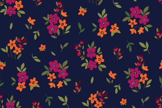 Seamless floral pattern, liberty ditsy print in simple vintage motif. Cute country style botanical design of small hand drawn flowers, tiny leaves, mini bouquets, blue background. Vector illustration.