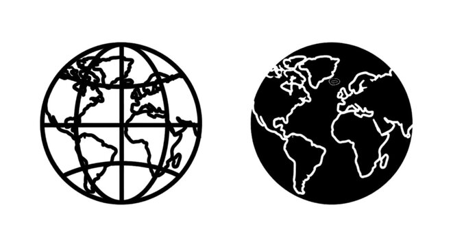 Minimal black silhouette icon, simple flat vector, bold black shape, no, no shading earth globe icons set with world map on a, flat icon style