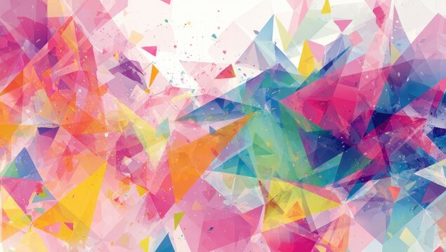 Vibrant abstract geometric explosion of colorful translucent triangles and polygons against a speckled white background with a dazzling light effect in a modern artistic design