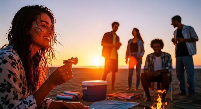 Group of friends having a picnic on the beach at sunset