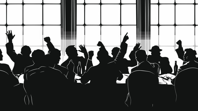 Silhouetted Group of People Engaged in Discussion with Hands Raised During a Meeting