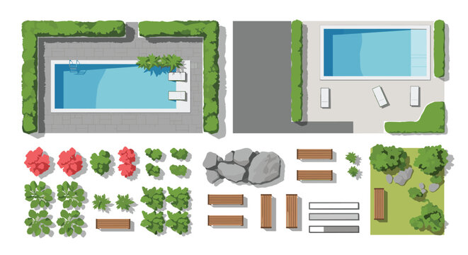 Top view architectural plan elements of a backyard with swimming pools garden furniture trees and landscaping features.