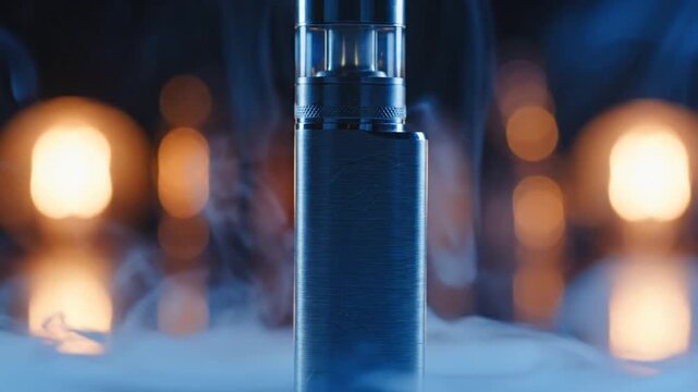 Electronic cigarette mod with thick blue vapor against bokeh background lights