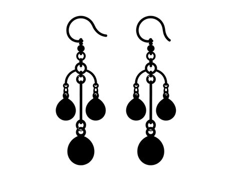 Black and white illustration of dangling earrings with a hook and circular design. Each earring has three pendulous shapes