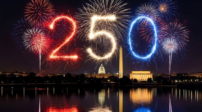 Spectacular fireworks display over Washington DC landmarks, celebrating 250th anniversary with vibrant colors and light show.