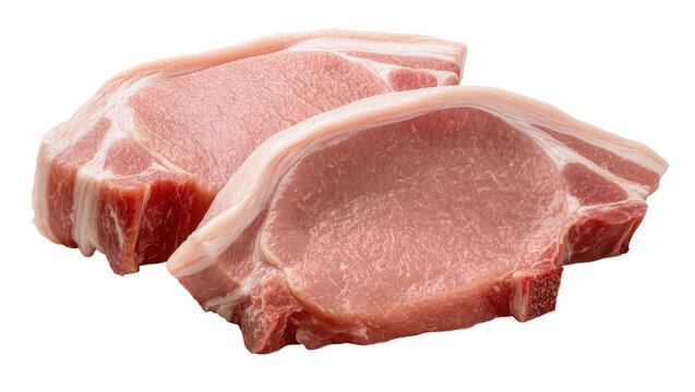 Two raw pork chops with fat cap and bone