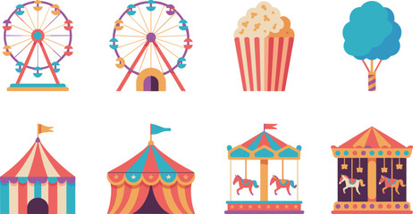Fototapeta premium Amusement park and carnival flat vector icons set featuring ferris wheel circus tent carousel popcorn and cotton candy isolated on white background