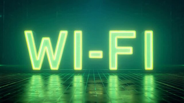 Neon WiFi sign on reflective grid