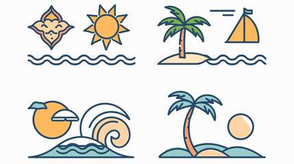 Obraz premium Tropical Island Landscape with Sun, Palm Trees, and Waves in Minimalist Graphic Design