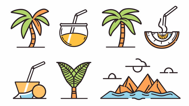 Tropical Illustrations Featuring Palm Trees, Refreshing Drinks, and Scenic Landscapes