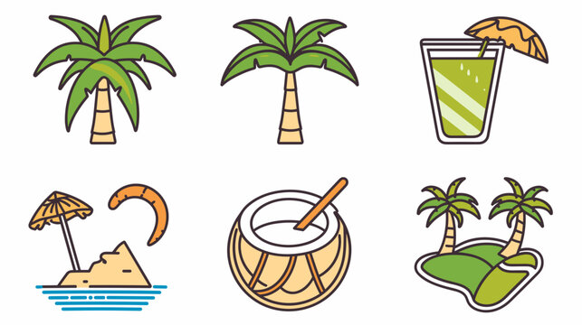 Tropical Paradise Icons Featuring Palm Trees, Exotic Drink, Beach Umbrella, and Island Elements