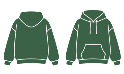 Green oversized hoodie vector illustration set, front and back view of a casual hooded sweatshirt, comfortable streetwear apparel design resource, blank template for fashion branding. © Raihan